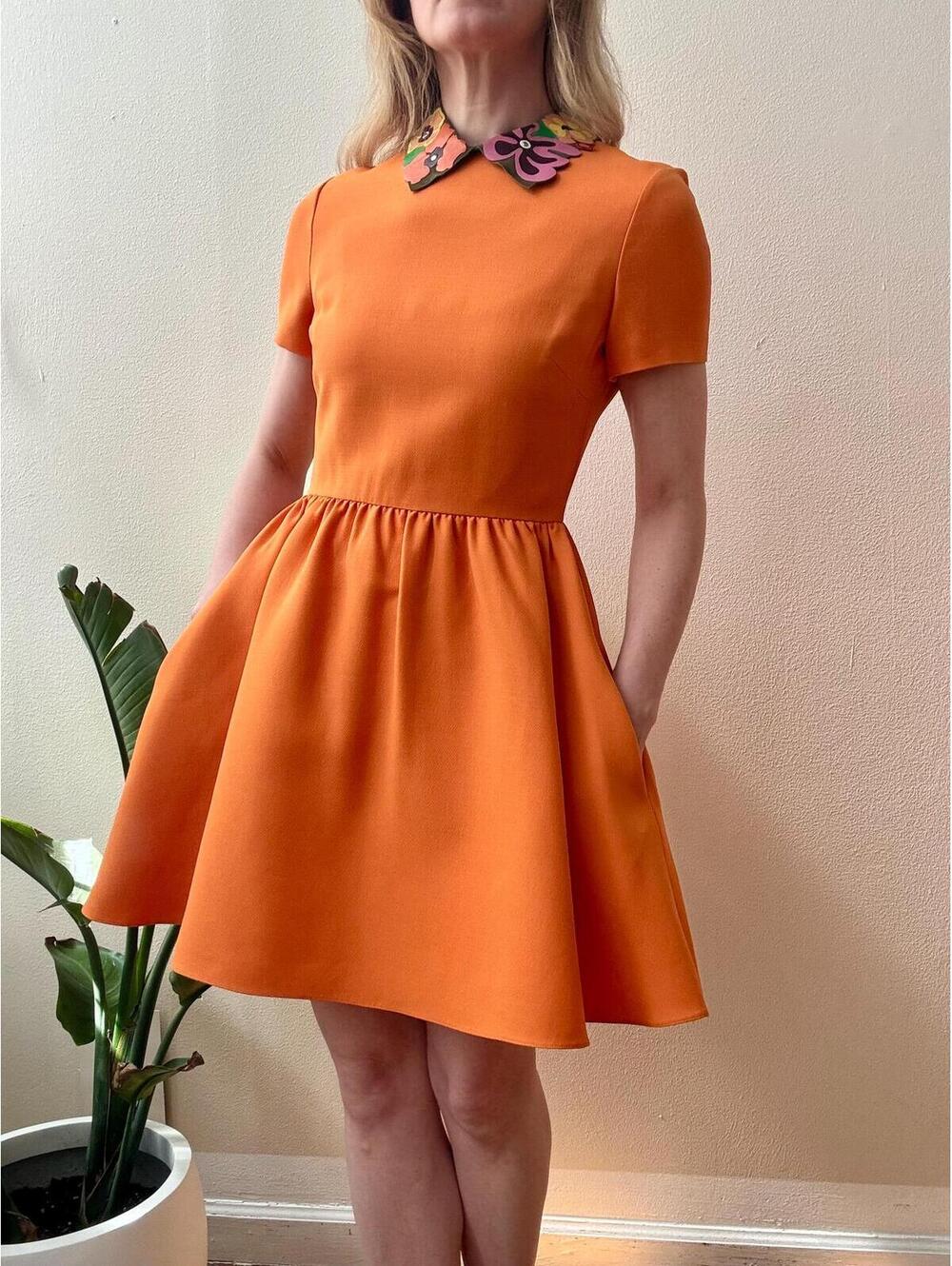 Valentino Orange Wool & Silk Mini Dress with Leather Applique Collar